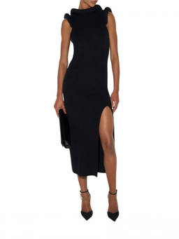 Elisabetta Franchi - Black Textured Crew Neck Midi Dress
