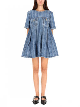 Ganni - Denim Textured Round Neck Mini Dress