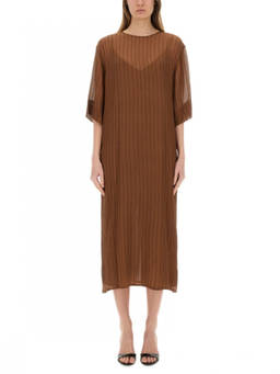 Alysi - Brown Stripes Round Neck Midi Dress (S)