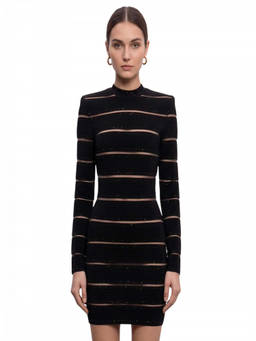 BALMAIN - Black Glitter Striped Bodycon Mini Dress