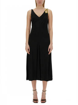 Lanvin - Black Solid V Neck Midi Dress