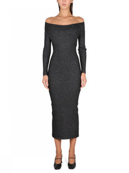KHAITE - Black Textured Off Shoulder Midi Dress