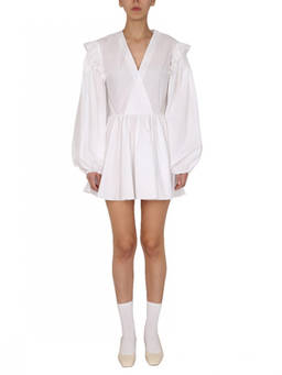 Patou - White Solid V Neck Mini Dress (S)