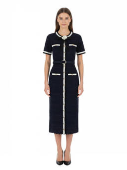 self-portrait - Black Round Neck Textured Midi Dress