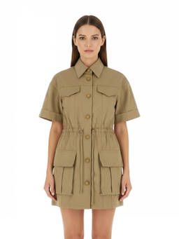 BALMAIN - Beige Solid Shirt Collar Mini Dress