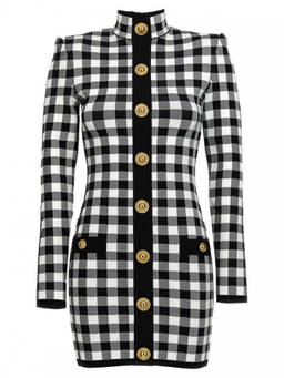 BALMAIN - Black white Vichy Knit Dress