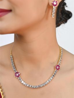 Ratnavali Jewels - Gold Plated American Diamond Pink Cubic Zirconia Necklace Set with Earring