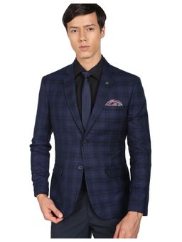 AD By Arvind - Men Navy Patterned Weave Tartan Check Formal Blazer