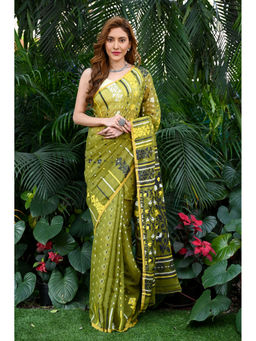 Beatitude - Green Jacquard Jamdani Saree with Unstitched Blouse
