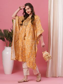 Globus - Women Yellow Floral Print Embroidered Yoke Asymmetric Hem Kaftan Kurta