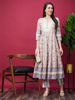 Globus - Women Off White Floral Print Lace Yoke Design Anarkali Kurta & Printed Pants Set