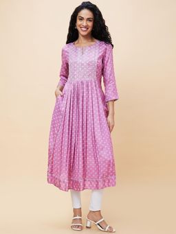 Globus - Women Mauve Embroidered & Sequinned Yoke Allover Bandhani Printed Pleated A-Line Kurta