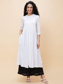 Globus - Women White & Silver-Toned Band Collar Striped Thread Work Pleated A-Line Kurta