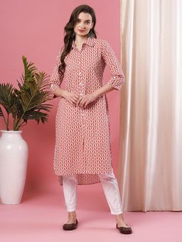 Globus - Women Off White Printed Shirt Collar Straight Kurta