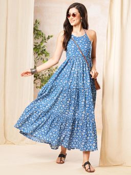 Globus - Women Blue Floral Print Halter Neck Cotton Tiered Fit & Flare Maxi Dress