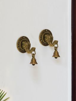 ExclusiveLane - Elephant Face Pair Hand-Etched Wall Decor Hanging In Brass (500 Grams)