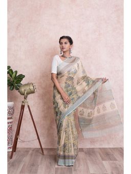 KISHORI - Floral Pattern Hand Block Printed Kota Doria Saree with Mulmul Cotton Unstitched Blouse