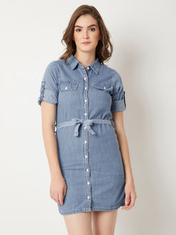 Miss Chase - Women's Light Blue Mini Belted Collared Light Weight Denim Shirt Dress