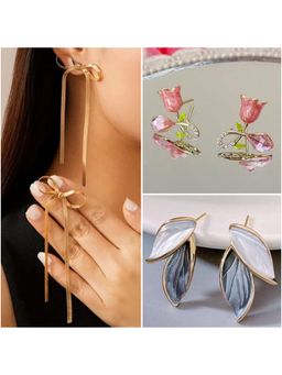 ESTAILO FASHION - Golden Bloom Leaf Bow Earrings (Pack of 3)