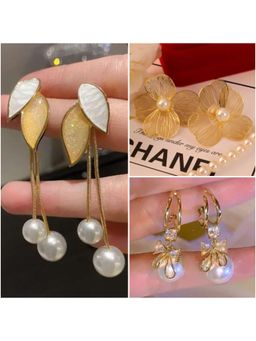 ESTAILO FASHION - Serenora Pearl Blossom Leaf Chain Earrings (Pack of 3)