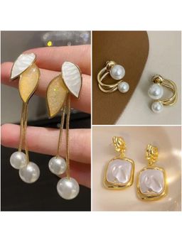 ESTAILO FASHION - Pearl Leaf Chain Statement Earrings (Pack of 3)