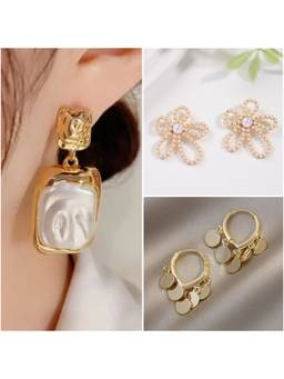 ESTAILO FASHION - Celestia Pearl Halo Gold Statement Earrings (Pack of 3)