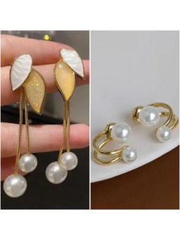 ESTAILO FASHION - Minimal Pearl Leaf Chain Drop Earrings (Pack of 2)