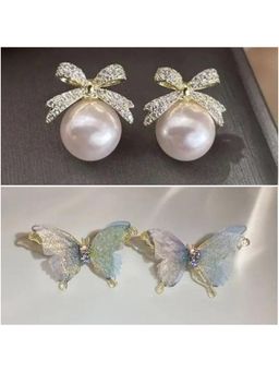 ESTAILO FASHION - Pearl Spark Bow and Butterfly Earrings (Pack of 2)
