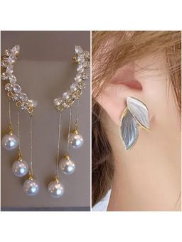 ESTAILO FASHION - Dazzle Pearl Minimal Chain Earrings (Pack of 2)