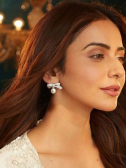 Accessher - Silver-Tone Rhinestone Bow Pearl Stud Earrings