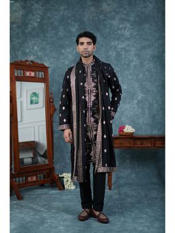 Zillinie by Ahmad Ali - Black Chanderi Embroidered Kurta with Pant & Dupatta