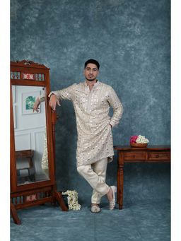 Zillinie by Ahmad Ali - Ivory Raw Silk Mirror Work Kurta and Pant