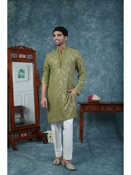 Zillinie by Ahmad Ali - Fern Green Silk Mirror Work Kurta and Pant