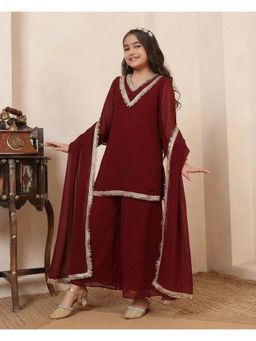Bugandbees - Georgette Maroon Kurta with Palazzo and Dupatta