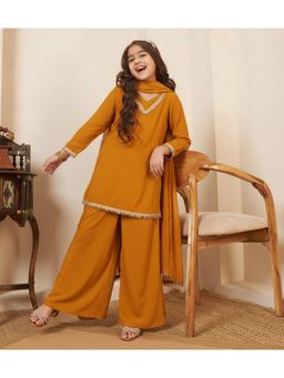 Bugandbees - Georgette Mustard Kurta with Palazzo and Dupatta