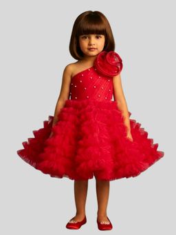 Pink Cow - Red One Shoulder Pearl Embellished and Ruffle Detailed Dress