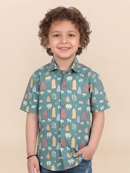 Polka Tots - Green Cotton Half Sleeve Trees Print Shirt