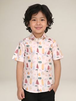 Polka Tots - Peach Cotton Half Sleeve Trees Print Shirt