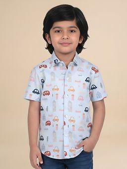Polka Tots - Blue Cotton Half Sleeve Vehicle Print Shirt