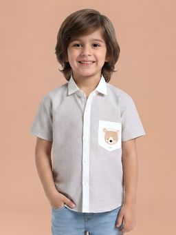 Polka Tots - Grey Cotton Half Sleeve Bear Patch Shirt