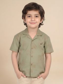 Polka Tots - Olive Cotton Half Sleeve Embroidery Shirt