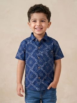 Polka Tots - Blue Cotton Half Sleeve Bandhani Print Shirt