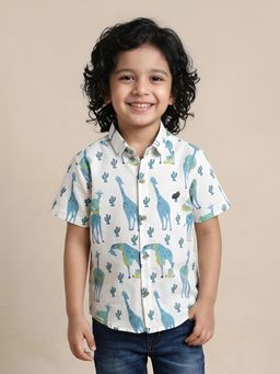Polka Tots - Blue Cotton Half Sleeve Giraffe Print Shirt