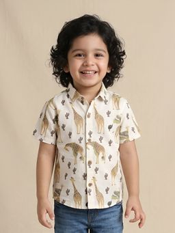 Polka Tots - Yellow Cotton Half Sleeve Giraffe Print Shirt