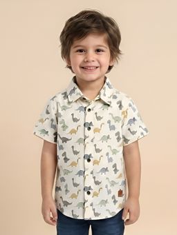Polka Tots - Cream Cotton Half Sleeve Dinosaur Print Shirt