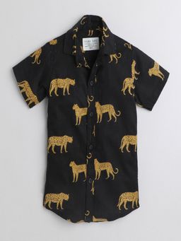 Polka Tots - Black Cotton Half Sleeve Leopard Print Shirt