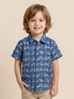 Polka Tots - Blue Cotton Half Sleeve Cycle Print Shirt