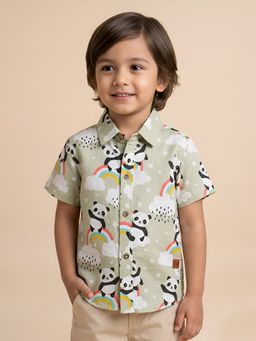 Polka Tots - Olive Cotton Half Sleeve Panda Print Shirt