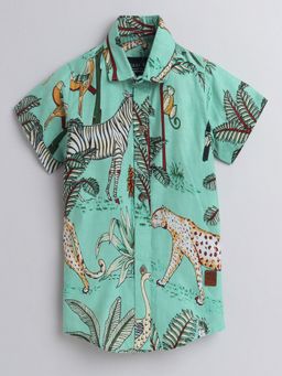 Polka Tots - Green Cotton Half Sleeve Jungle Safari Print Shirt