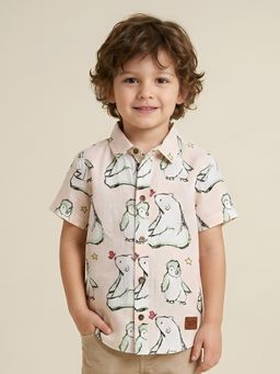 Polka Tots - Peach Cotton Half Sleeve Polar Bear Print Shirt
